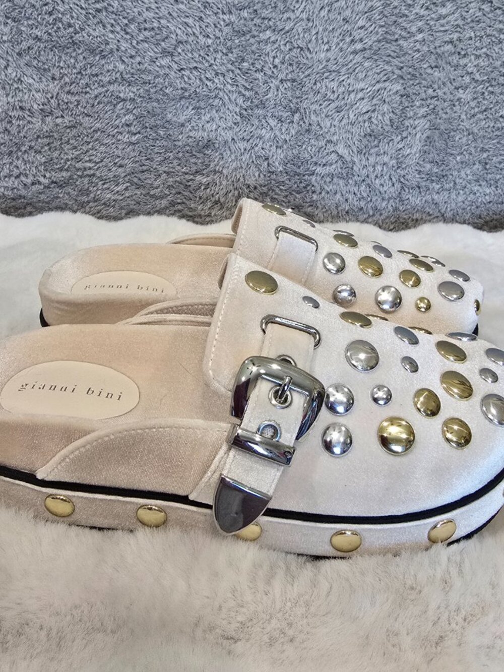 Gianni Bini Nude Slip-On Mules with Mixed Metal Studs - Picture 4 of 8